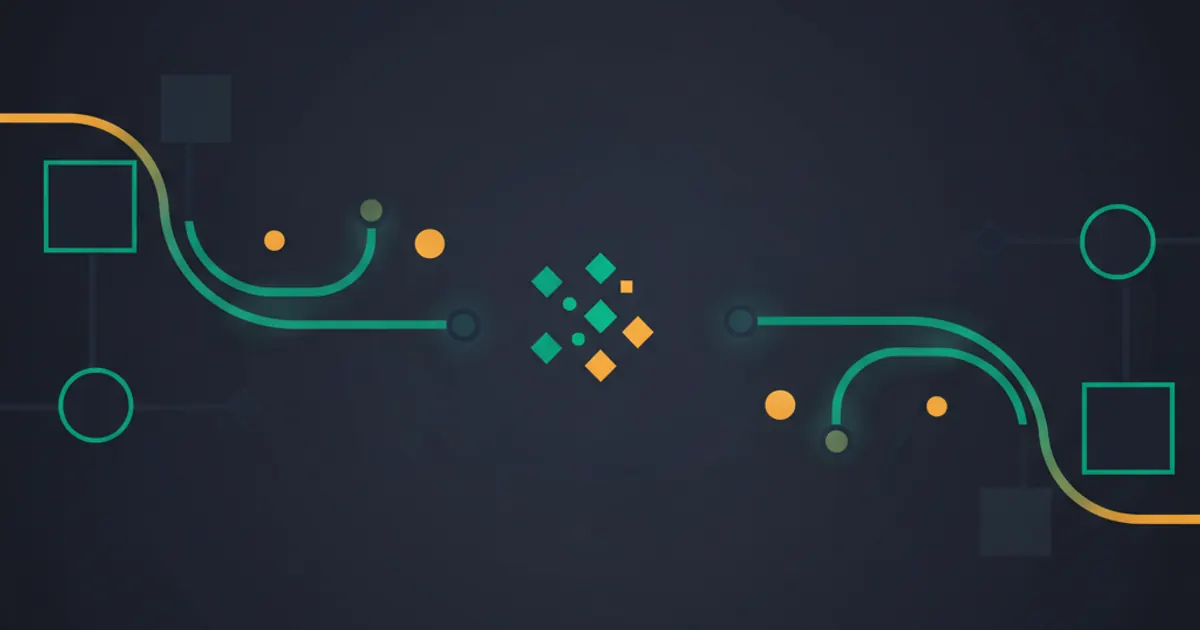 Abstract geometric illustration of interlocking workflow nodes connected by glowing automation lines with a central AI spark