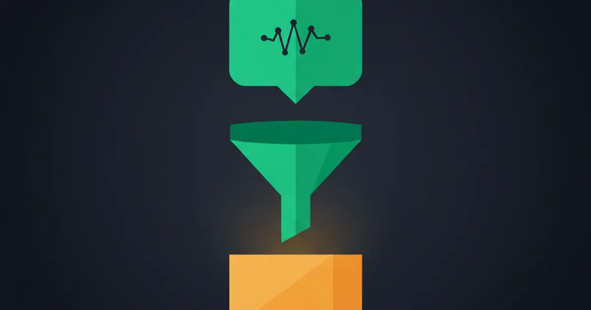 Abstract geometric illustration of a chat-bubble funneling into a lead-capture container with an AI-spark inside