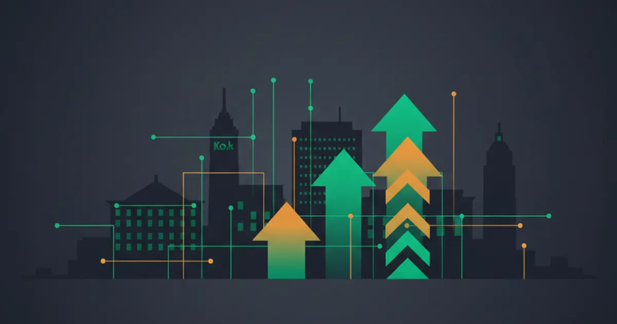 Abstract geometric illustration of a Rochester city skyline merged with web design grid lines and upward-pointing ranking arrows