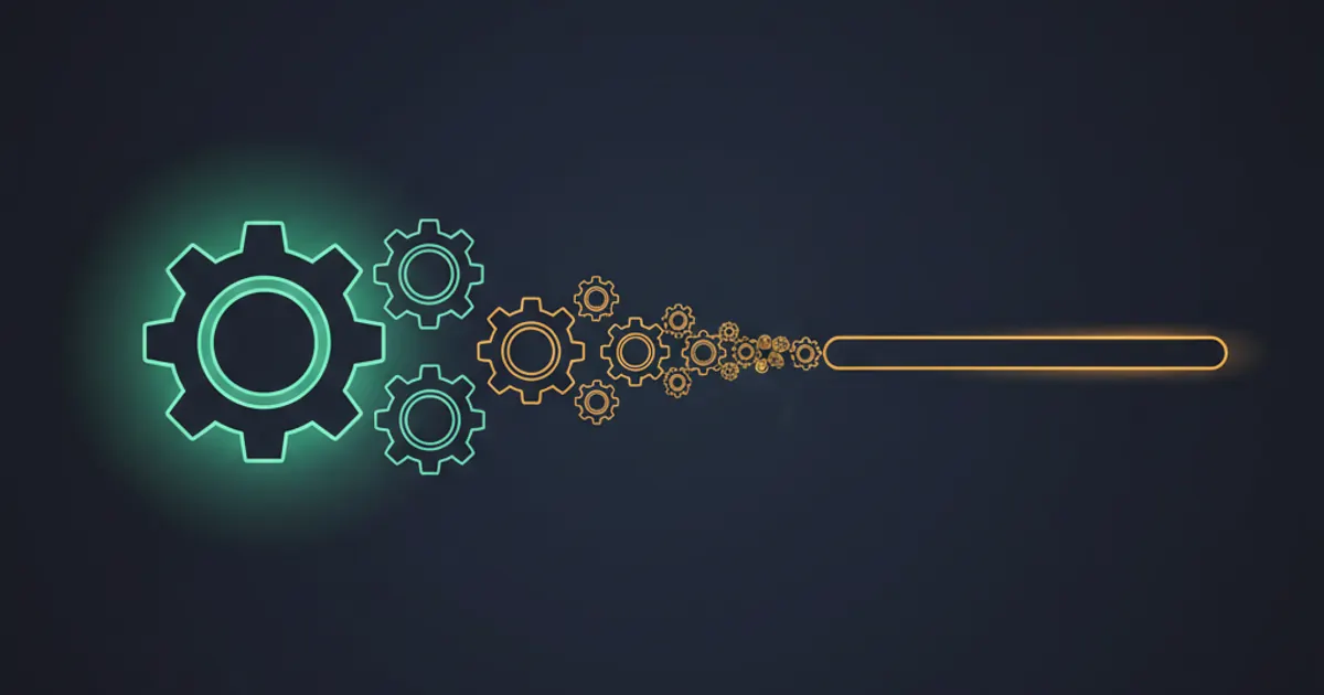 Abstract geometric illustration of repeating gear shapes flowing into an optimized pipeline with one gear glowing