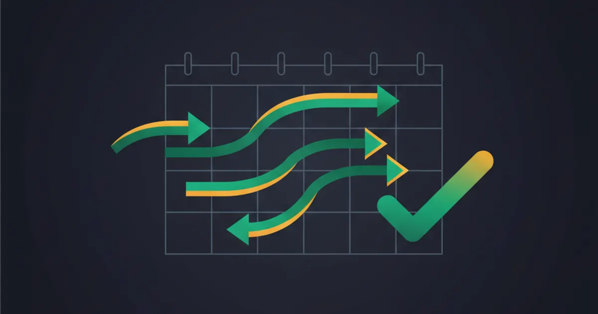Abstract geometric illustration of a calendar grid with progress arrows sweeping toward a launch checkmark