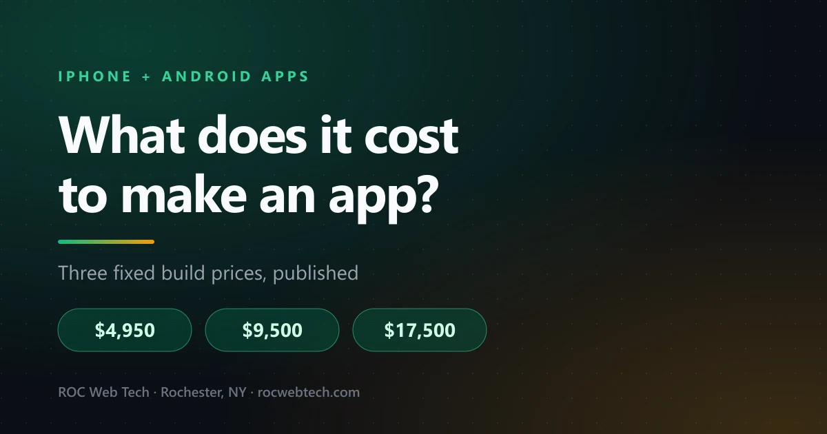 Title card reading "What does it cost to make an app?" with the three fixed app build prices