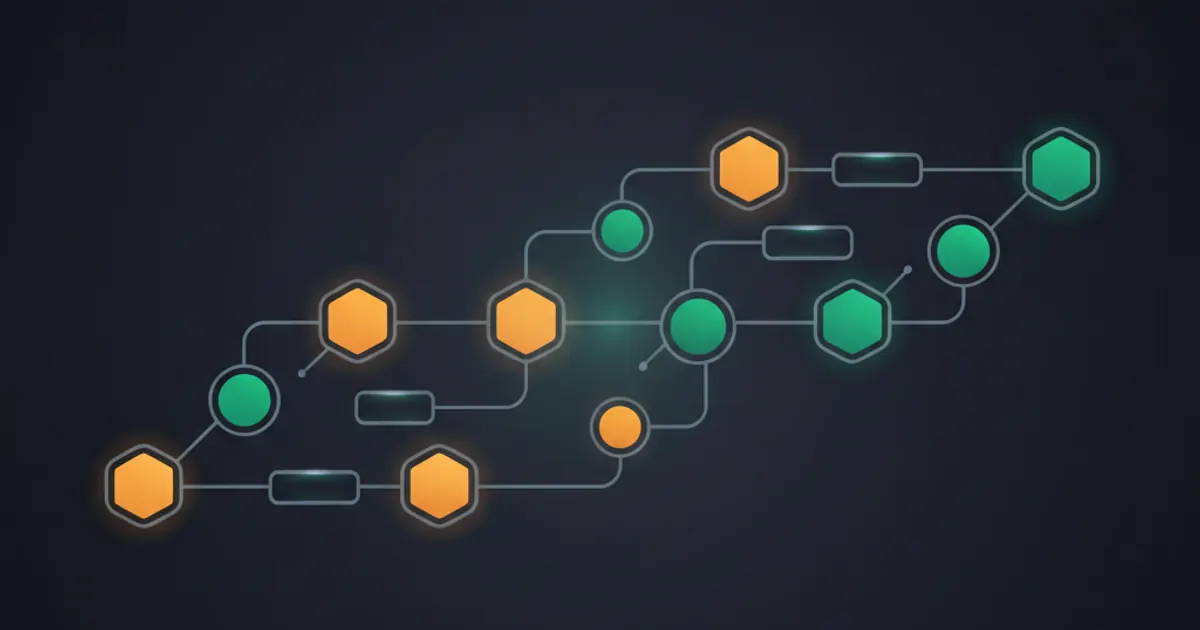 Abstract geometric illustration of connected workflow nodes in a tree-graph pattern with trigger and action shapes