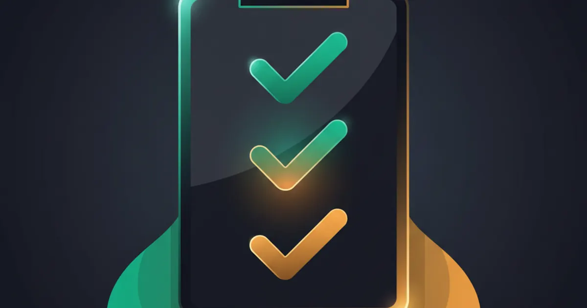 Abstract geometric illustration of a clipboard with check-marks rendered as geometric tick shapes