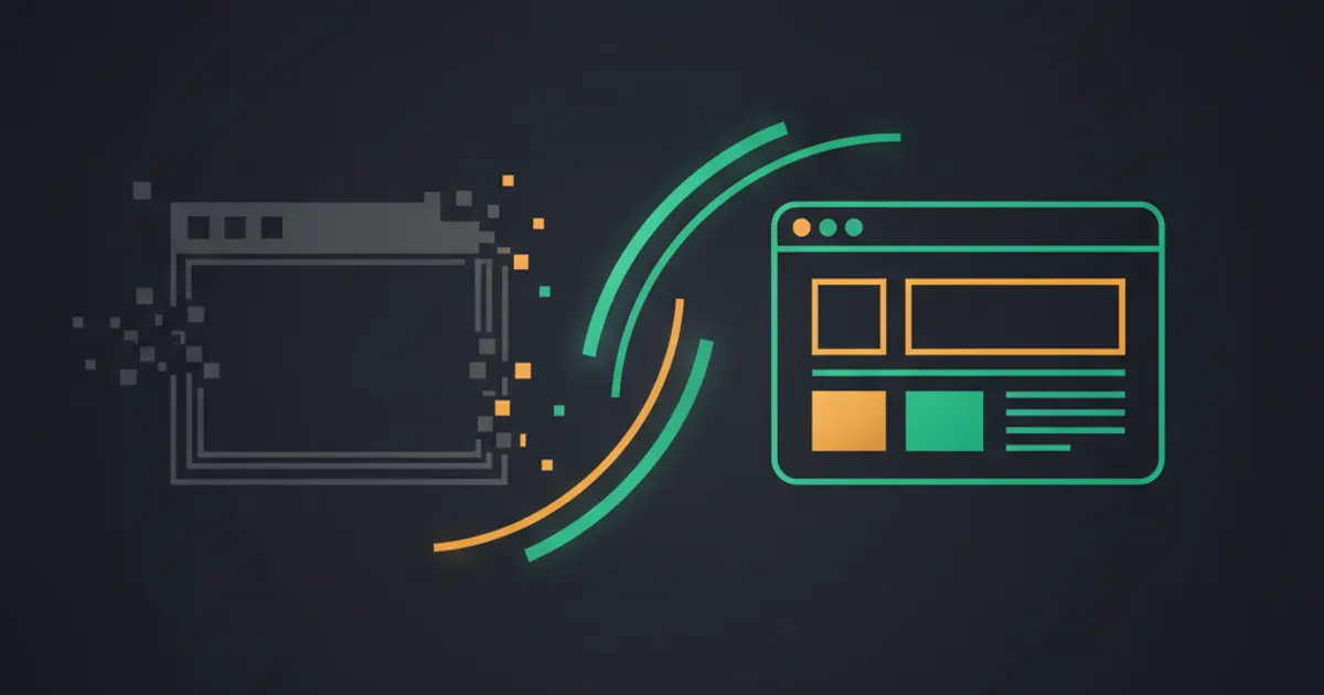 Abstract geometric illustration of an old pixelated window frame transforming into a clean modern flat browser frame