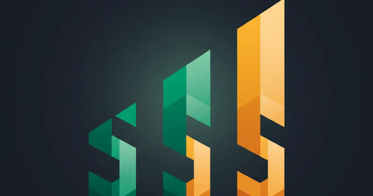 Abstract geometric illustration of three rising pricing-tier bars in emerald and amber on a warm-dark background