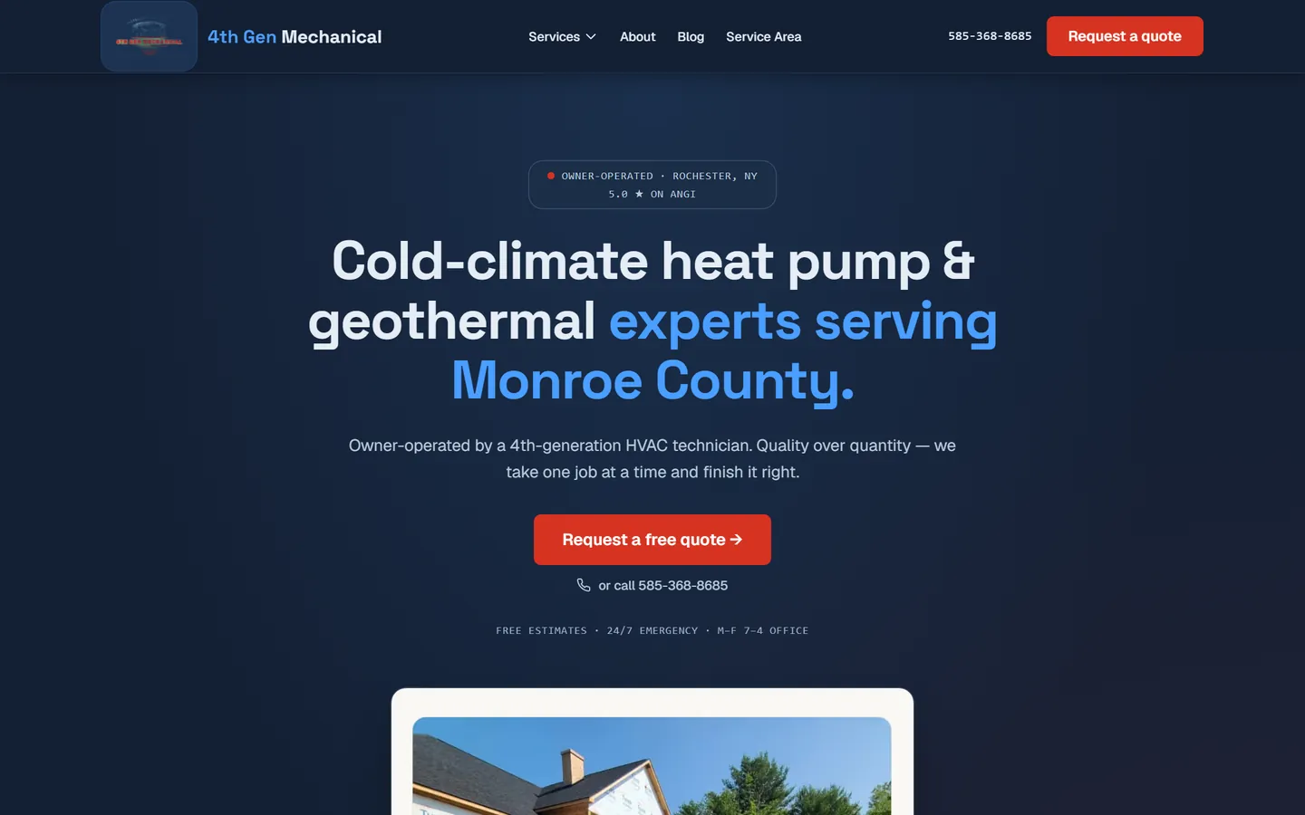 4th Gen Mechanical homepage hero with an HVAC service headline and a tap-to-call phone number