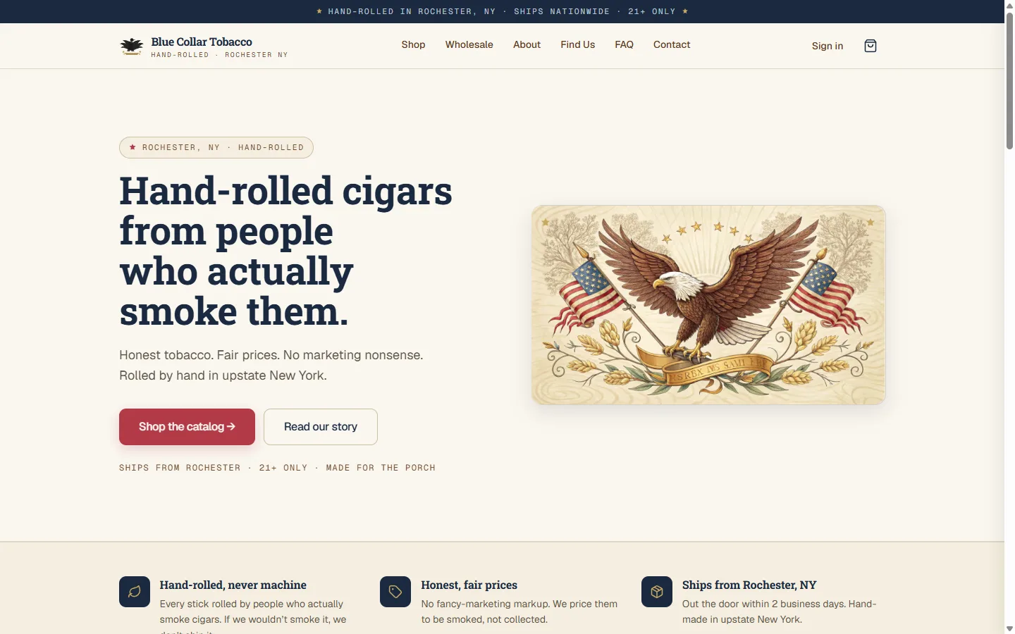 Blue Collar Tobacco homepage hero — hand-rolled cigars from Rochester, NY with a shop call-to-action