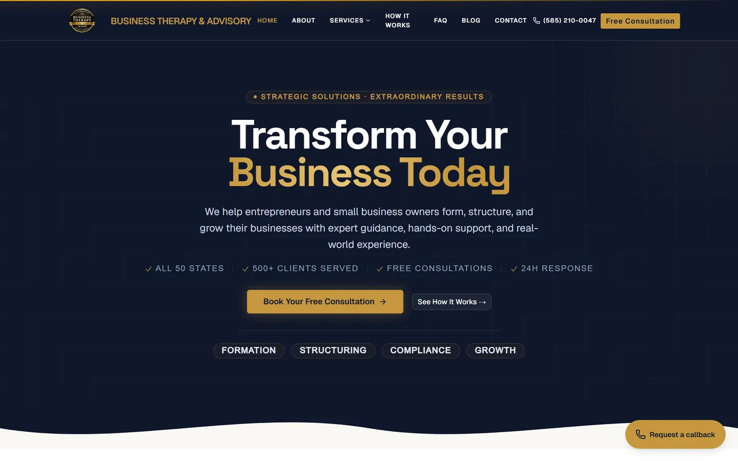 Business Therapy & Advisory homepage hero with a confident headline and a "Book a Call" call-to-action