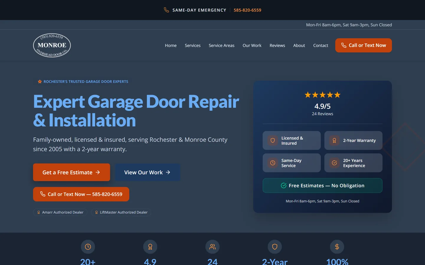 Monroe Overhead Door homepage hero with an "Expert Garage Door Repair & Installation" headline and a 4.9/5 rating card