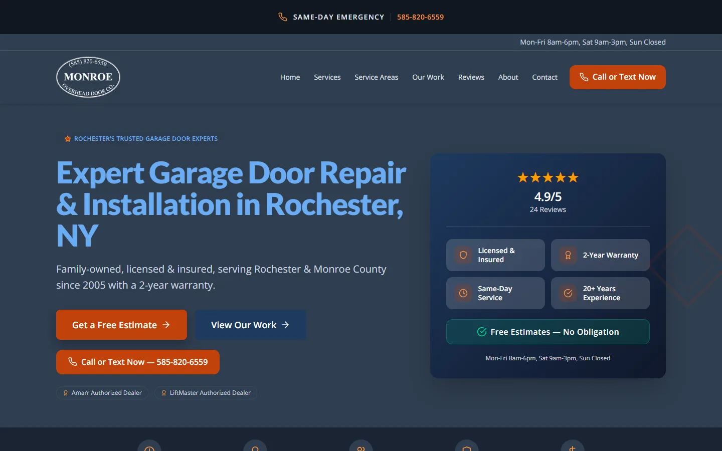 Monroe Overhead Door — a fast, conversion-focused garage-door website ROC Web Tech built for a Monroe County business
