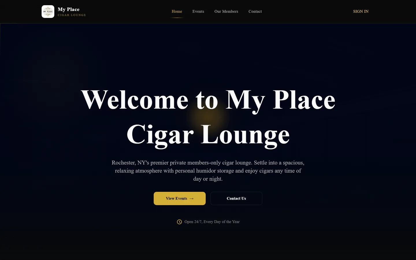 My Place Cigar Lounge homepage hero with a warm, dimly-lit interior and the lounge name in elegant type